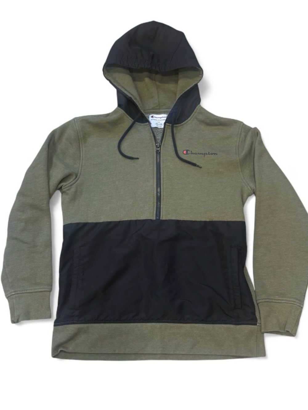 Champion Men’s Medium Half Zip Hoodie Olive Green Black Colorblock Pullover